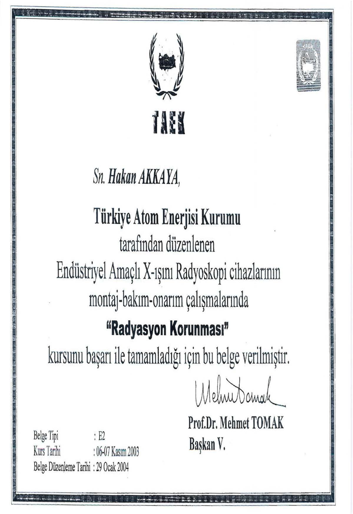 Atom Enerjisi Kurumu Sertifikası 1