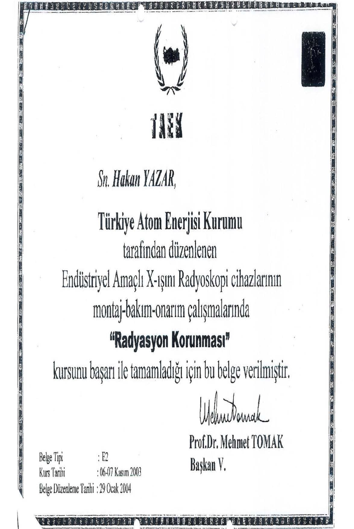 Atom Enerjisi Kurumu Sertifikası 4